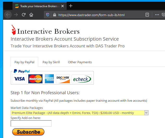 Taxa mensal para usar o DAS Trader Pro na conta Interactive Brokers
